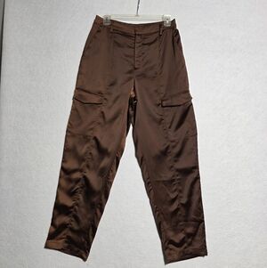 EUC HOUSE OF HARLOW 1960 BROWN SATIN CARGO HIGH RISE TROUSERS SZ 6